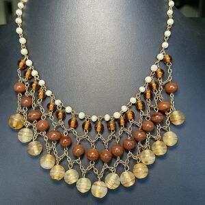 Glass Beaded Bib Dangle Fringe Festoon Necklace Brown Amber Colored Glass Beads